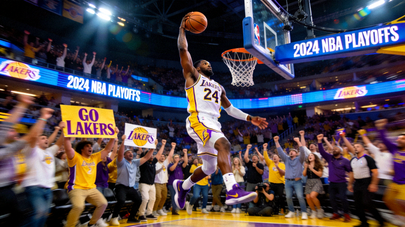 NBA季后赛篮球比赛画面，球员在篮下起跳扣篮，观众席热烈欢呼